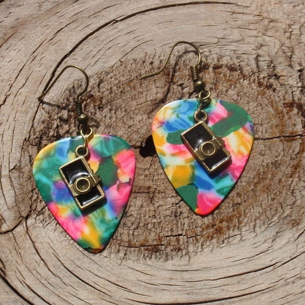 Camera Earrings - Photography Guitar Pick Jewelry - Custom Color & Style - Your Choice of 12 Colors - Pierced or Clip On USA