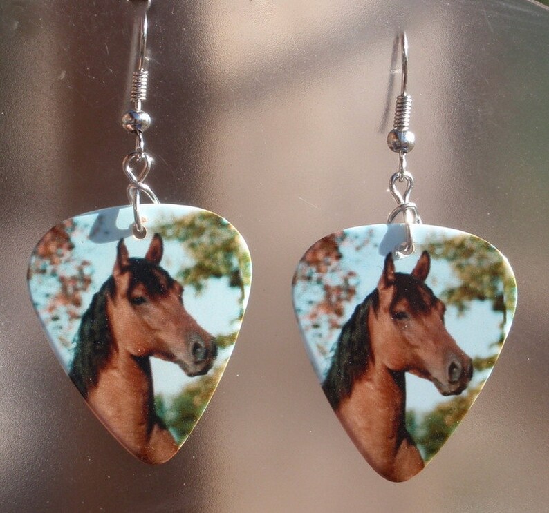 Puede incluir: Pendientes con dise&ntilde;o de cabeza de caballo. Los pendientes tienen forma de p&uacute;as de guitarra y tienen ganchos plateados. El caballo tiene un pelaje marr&oacute;n y una melena negra, sobre un fondo azul claro y verde.
