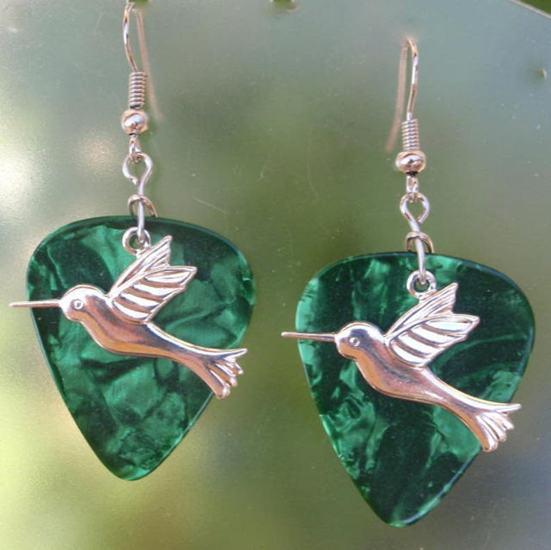 Hummingbird Dangle Earrings, Silver Wildlife Guitar Pick Jewelry, Choice 12 Colors, Pierced or Clip On, Elegant Birds USA image 5