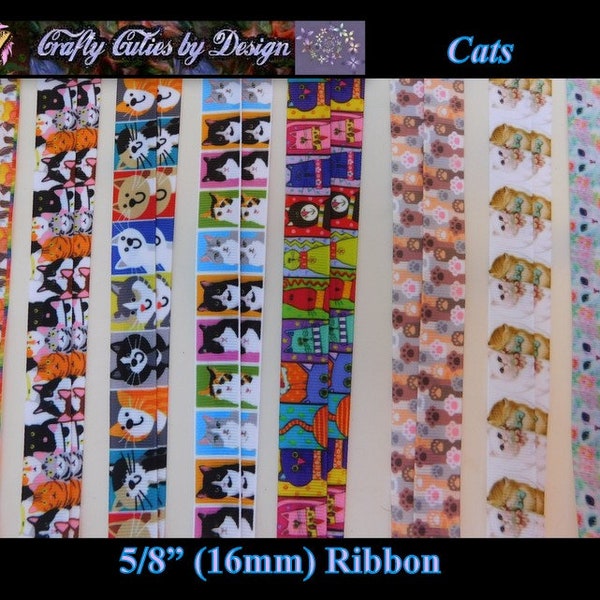 5/8" Ribbon - Cats - Hi Five Paws, Comical Cat, Whimsical Kitten, Tabby Kitty 16mm Grosgrain Ribbon by Yard