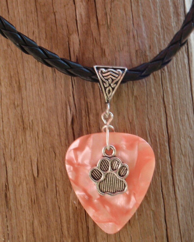 Paw Print Necklace, Animal Lover Guitar Pick Jewelry,Triangle Silver Bail, Custom Color & Size, Gift Pet Lover, Dog, Cat image 2