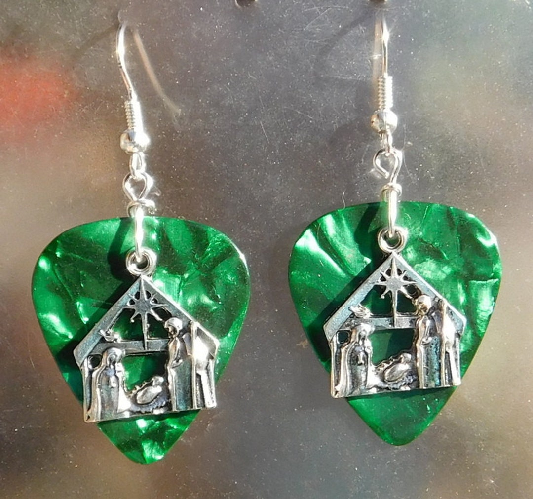 Nativity Scene Earrings, Christian Guitar Pick Jewelry, Choice 12 Colors Pierced or Clip on