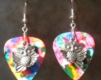 Flying Owl Earrings,Wildlife Guitar Pick Jewelry - Choice Color Pierced or Clip On Earrings Barn Hoot Owl, Woodland USA