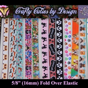 FOE Ribbon - Dogs & Cats - 5/8&quot; 16mm - Printed Fold Over Elastic by Yard for Mask Extenders, Hair Ties, Bracelets, Headbands, Trim
