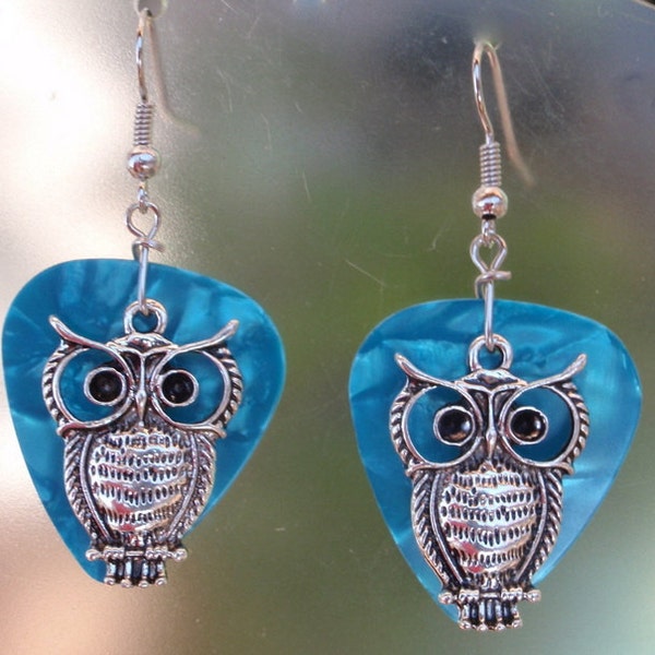 Elegant Owl Earrings, Wildlife Guitar Pick Jewelry, Choice 12 Colors, Pierced or Clip On Barn Owl USA