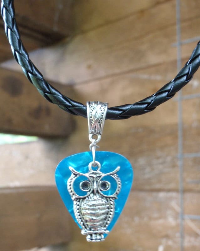 Elegant Owl Necklace, Wildlife Guitar Pick Jewelry, Tibetan Silver Braid Bail, Custom Color Size, Ho
