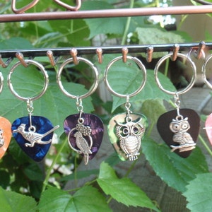 May include: A collection of guitar pick keychains with various animal charms. The picks are in shades of orange, blue, purple, green, and pink. Charms include a rooster, roadrunner, bird, owl, and dove. Each keychain has a silver ring.