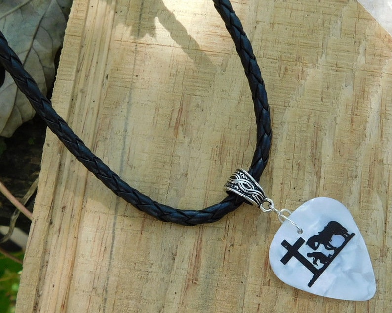 Cowboy Church Necklace, Christian Guitar Pick Jewelry, Braid Bail, Choice Color & Size, Praying Cowboy Horse Kneeling at Cross image 9