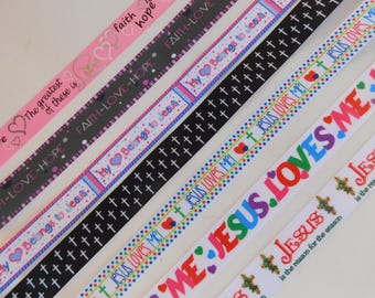3 Yards - Religious Cross, Faith Hope Love, Jesus Loves Me - Grosgrain Ribbon - Your Choice Style - Single Sided 7/8", 1"