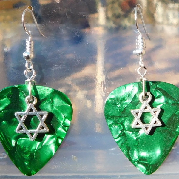 Star of David Earrings, Hebrew Jewish Judaism Guitar Pick Jewelry, Custom Pierced or Clip On