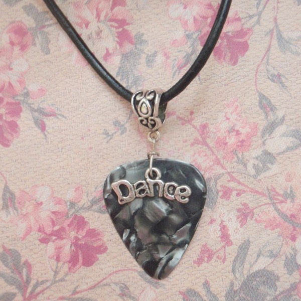 Dance Leather Necklace, Musical Guitar Pick Jewelry, Custom Color & Size Tibetan Silver Fancy Bail Dancer Leather Choker Chain