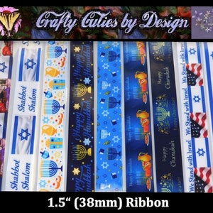 Ruban gros-grain juif israélien 1,5 po. - We Support Israel, Hanukkah, Shabbat Shalom - 38 mm