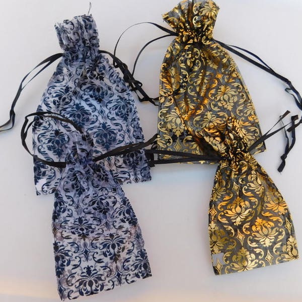 6 Damask Organza Bags - Choice Size 2.75" x 5.50" or 4" x 6.5"- Black White or Gold Drawstring Pouch