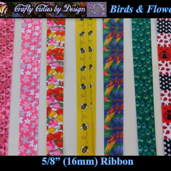 5/8" Ribbon - Birds & Flowers - Parrots Macaws, Peacock Feathers, Bees, Pink Roses, Tulips 16mm Grosgrain Ribbon by Yard