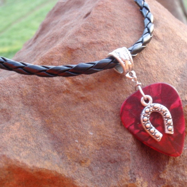 Horseshoe Braided Necklace - Western Guitar Pick Jewelry, Tibetan Silver Braid Bail, Choice 12 Colors and Custom Size