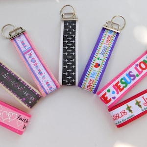 Religious Key Fob Wristlet, Cross, Faith Hope Love, Jesus Loves Me - Key Chain - Cotton Webbing, Ribbon