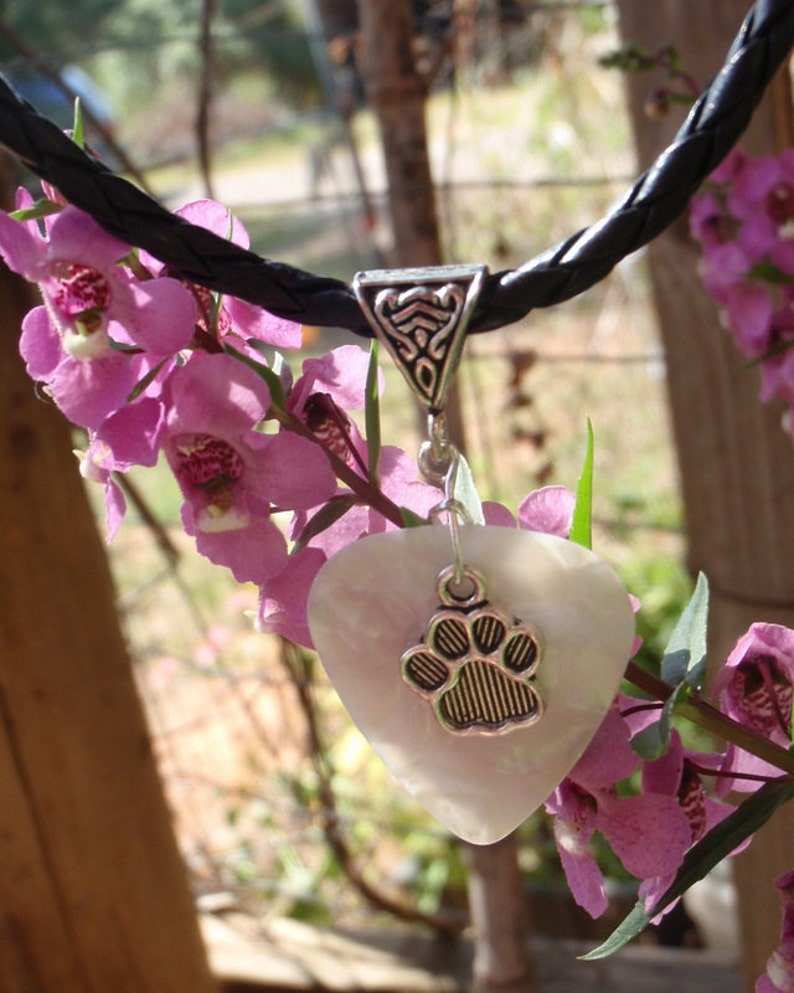 Paw Print Necklace, Animal Lover Guitar Pick Jewelry,Triangle Silver Bail, Custom Color & Size, Gift Pet Lover, Dog, Cat image 3