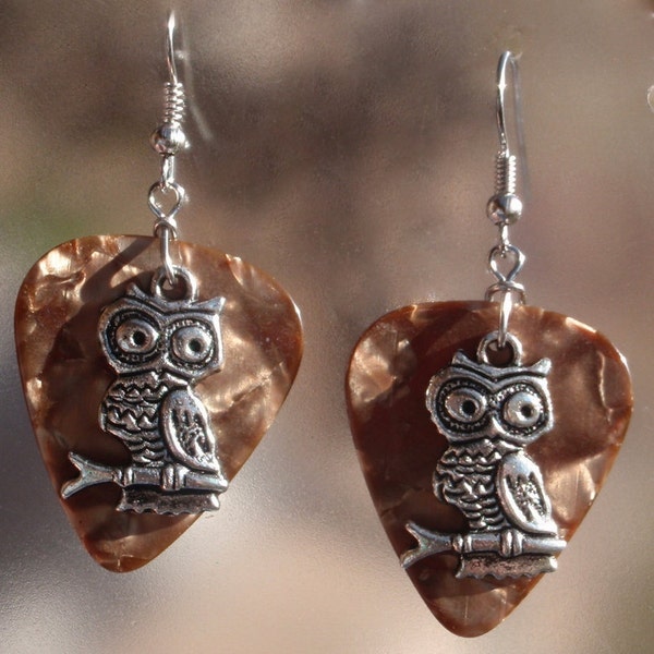 Woodland Owl Earrings, Wildlife Guitar Pick Jewelry, Choice Color, Pierced or Clip On Barn Owl, Rustic Woodland