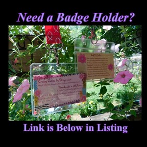 May include: Clear plastic badge holders with business cards inside, hanging from a red lanyard. The text reads "Need a Badge Holder?" and "Link is Below in Listing."
