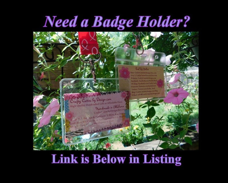 May include: Clear plastic badge holders with business cards inside, hanging from a red lanyard. The text reads "Need a Badge Holder?" and "Link is Below in Listing."