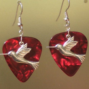 Hummingbird Dangle Earrings, Silver Wildlife Guitar Pick Jewelry, Choice 12 Colors, Pierced or Clip On, Elegant Birds USA image 3