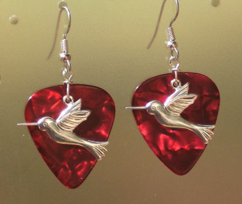 Hummingbird Dangle Earrings, Silver Wildlife Guitar Pick Jewelry, Choice 12 Colors, Pierced or Clip On, Elegant Birds USA image 3