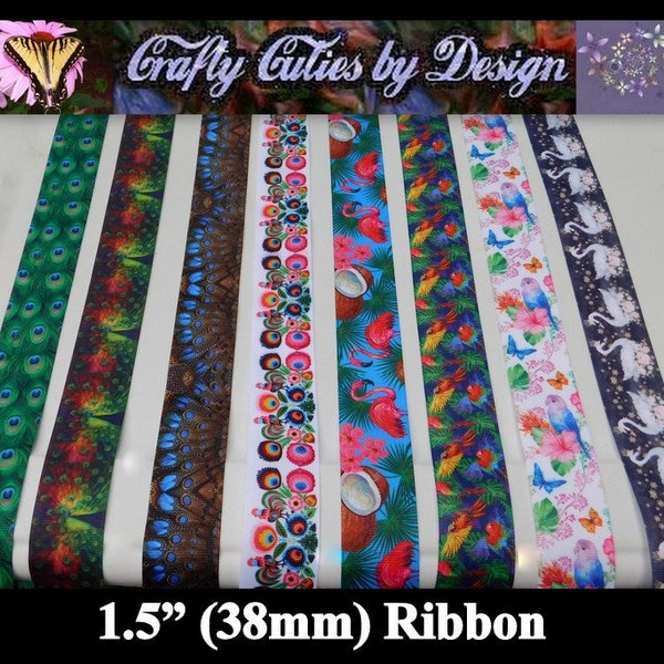 1.5" Exotic Birds Ribbon - Parrot, Peacock, Flamingo, Swan - 38mm Grosgrain Ribbon Single Sided