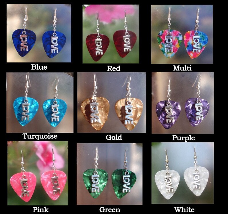 Love Earrings, Sweetheart Guitar Pick Jewelry, Choice 12 Colors, Pierced or Clip On, Bridesmaid Gift, Valentine's Day USA image 9