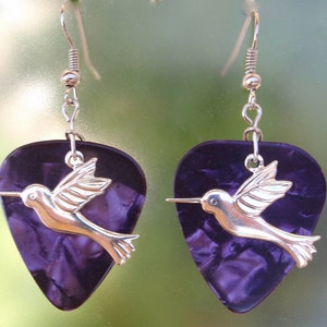 Hummingbird Dangle Earrings, Silver Wildlife Guitar Pick Jewelry, Choice 12 Colors, Pierced or Clip On, Elegant Birds USA image 1