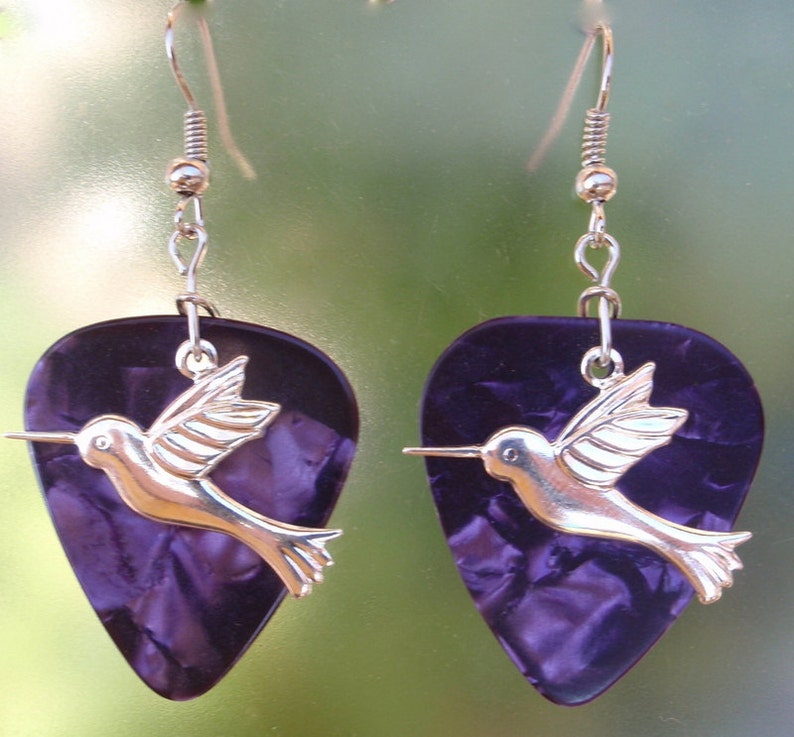 Hummingbird Dangle Earrings, Silver Wildlife Guitar Pick Jewelry, Choice 12 Colors, Pierced or Clip On, Elegant Birds USA image 1