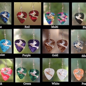 Hummingbird Dangle Earrings, Silver Wildlife Guitar Pick Jewelry, Choice 12 Colors, Pierced or Clip On, Elegant Birds USA image 10