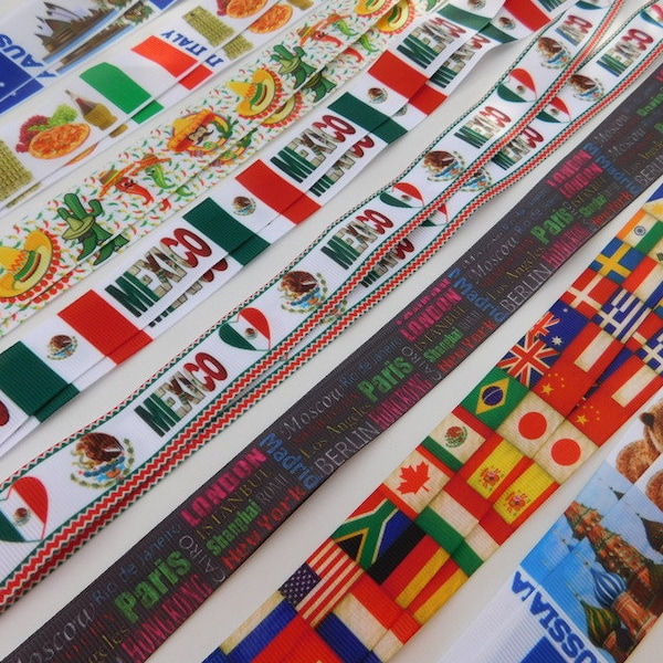 Australia Italy Mexico Russia Flags- Mask Lanyard or ID Lanyard, Lightweight Single Sided Grosgrain Ribbon, Breakaway. Adult Child Size