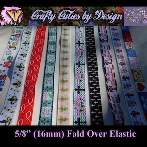 May include: Assortment of 5/8 inch (16 mm) fold over elastic ribbon with various religious and inspirational designs. The designs include crosses, fleur-de-lis, and text such as "God is Good" and "Love Love".