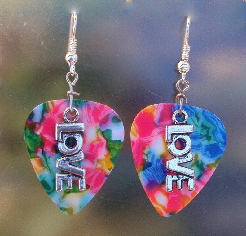 Love Earrings, Sweetheart Guitar Pick Jewelry, Choice 12 Colors, Pierced or Clip On, Bridesmaid Gift, Valentine's Day USA image 2