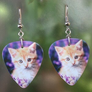 May include: A pair of earrings featuring a kitten design. The earrings are shaped like guitar picks, with a light orange kitten on a purple background. The earrings have silver-colored hooks.