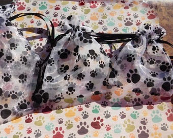 Paw Print Organza Bags, Designer - Choice Size: Small 3 x 4, Medium 4 x 5.5, Large 5 x 6.5, Extra Large 5.5 x 9 Gift Pouch