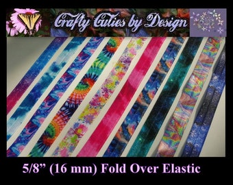 FOE Ribbon - Tie Dye & Space - 5/8" 16mm - Printed Fold Over Elastic by Yard for Mask Extenders, Hair Ties, Bracelets, Headbands, Trim