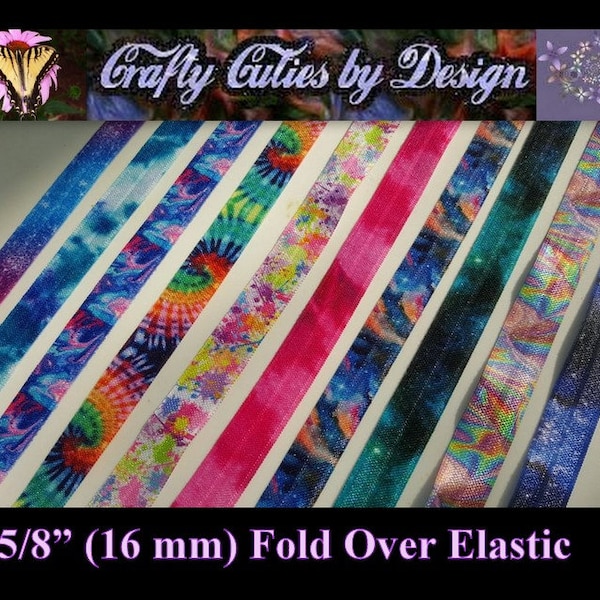 FOE Ribbon - Tie Dye & Space - 5/8" 16mm - Printed Fold Over Elastic by Yard for Mask Extenders, Hair Ties, Bracelets, Headbands, Trim