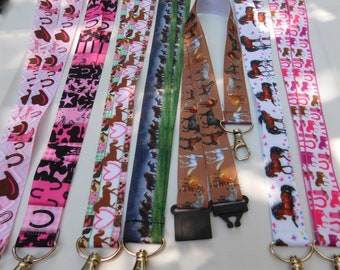 Horses  - ID Lanyard, Cowboy, Cowgirl Lightweight Single Sided Print Grosgrain Ribbon Breakaway, Adult Child Size