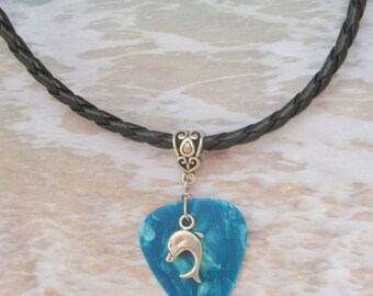 Dolphin Guitar Pick Necklace, Ocean Life Guitar Pick Jewelry, Tibetan Silver Fancy Bail, Custom Color & Size, Beach Jewellry