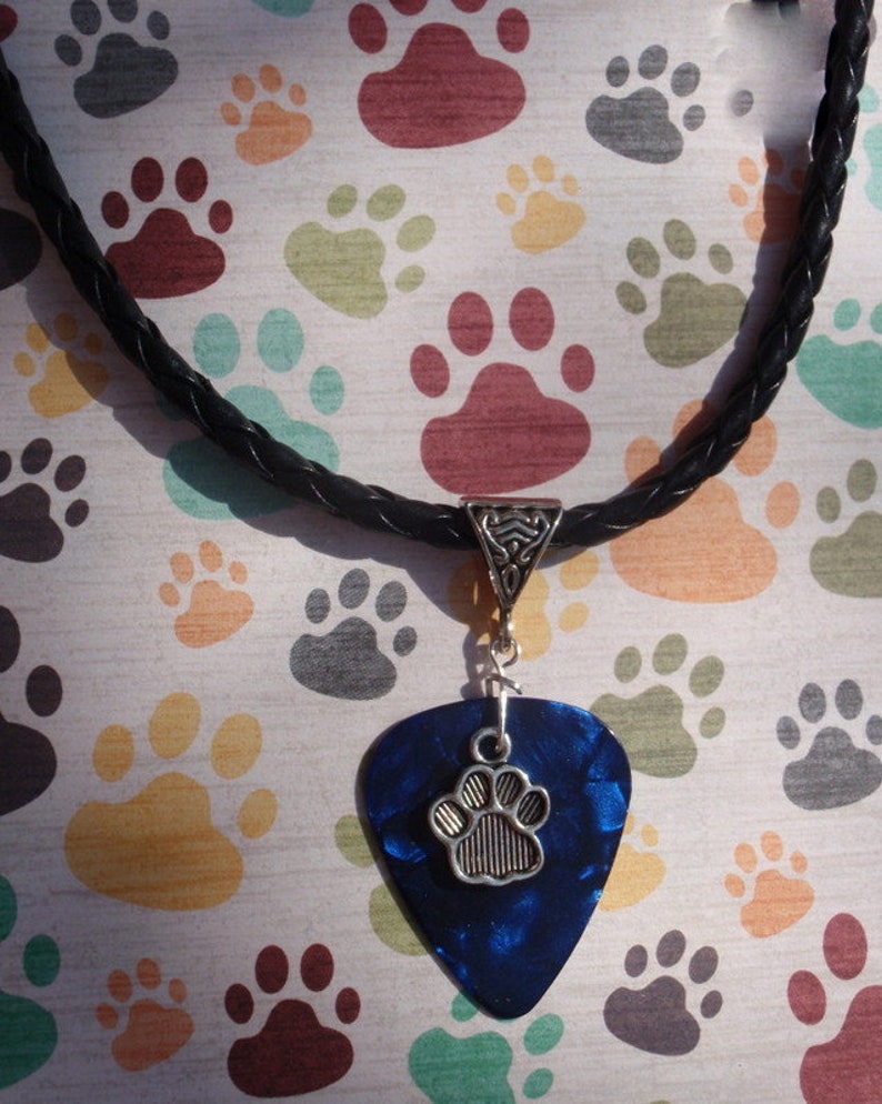 Paw Print Necklace, Animal Lover Guitar Pick Jewelry,Triangle Silver Bail, Custom Color & Size, Gift Pet Lover, Dog, Cat image 1