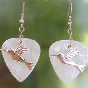 Hummingbird Dangle Earrings, Silver Wildlife Guitar Pick Jewelry, Choice 12 Colors, Pierced or Clip On, Elegant Birds USA image 8