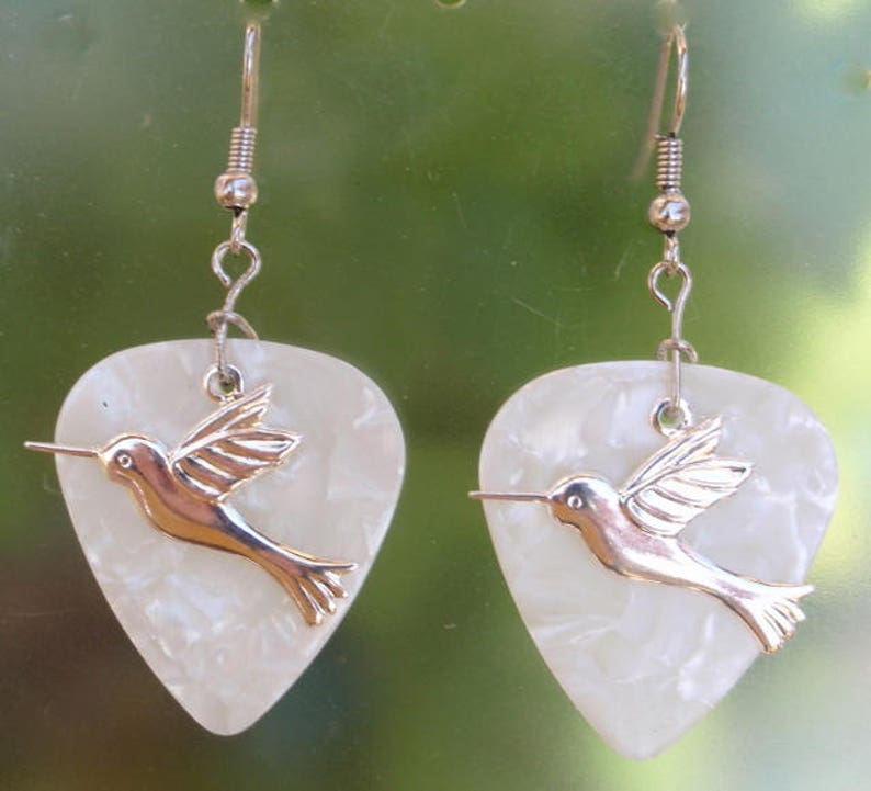 Hummingbird Dangle Earrings, Silver Wildlife Guitar Pick Jewelry, Choice 12 Colors, Pierced or Clip On, Elegant Birds USA image 8