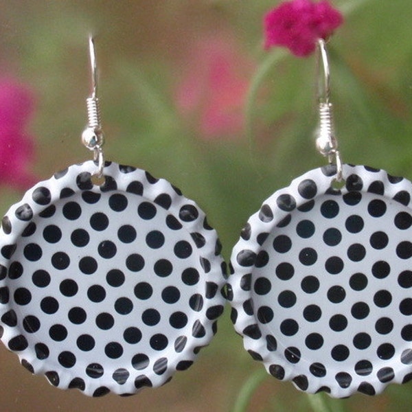 Metal Earrings, Retro Flattened Bottle Cap Jewelry, Pierced or Clip On, Checkerboard, Polka Dots, Pattern Lace, Fleur De Lis