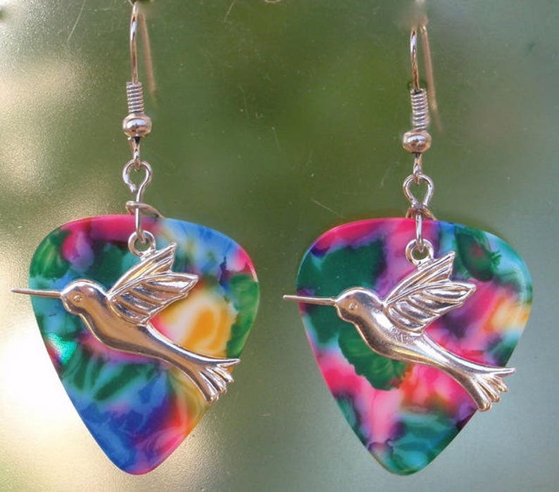 Hummingbird Dangle Earrings, Silver Wildlife Guitar Pick Jewelry, Choice 12 Colors, Pierced or Clip On, Elegant Birds USA image 6