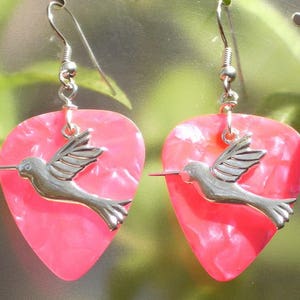 Hummingbird Dangle Earrings, Silver Wildlife Guitar Pick Jewelry, Choice 12 Colors, Pierced or Clip On, Elegant Birds USA image 4