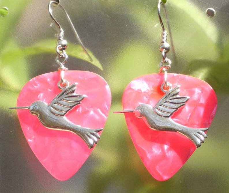 Hummingbird Dangle Earrings, Silver Wildlife Guitar Pick Jewelry, Choice 12 Colors, Pierced or Clip On, Elegant Birds USA image 4