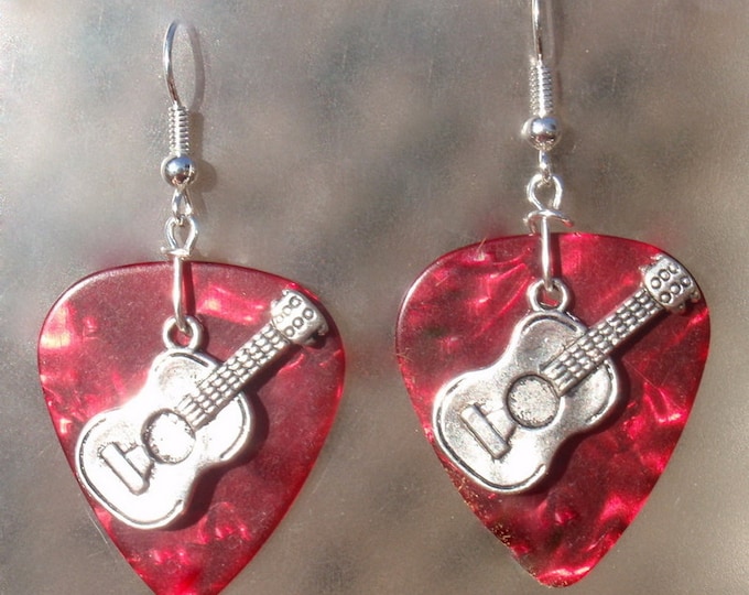Acoustic Guitar Earrings, Musician Guitar Pick Jewelry, Choice 12 Colors, Pierced Clip On Band Musical Instrument Guitar Charm