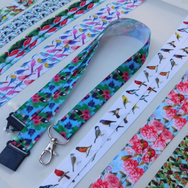 Exotic Birds #2 - Mask Lanyard or ID Lanyard, Cardinals, Goldfinch, Flamingo, Toucan, Hummingbird, Single Sided Grosgrain Ribbon, Breakaway