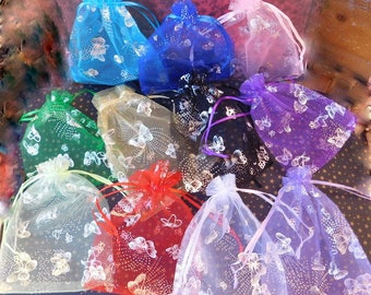 12 Large Butterfly Organza Bags, 4.5" x 6" Choice Pink, Aqua, Blue, Lt or Dk Purple, Lime, Green, Red, Yellow, Orange, Black, White, Assort